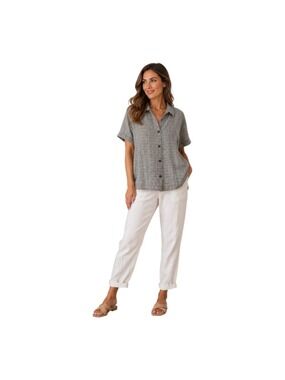Hot Cotton by Marc Ware Women’s Linen Cotton Button Front Shirt Gray Plaid L